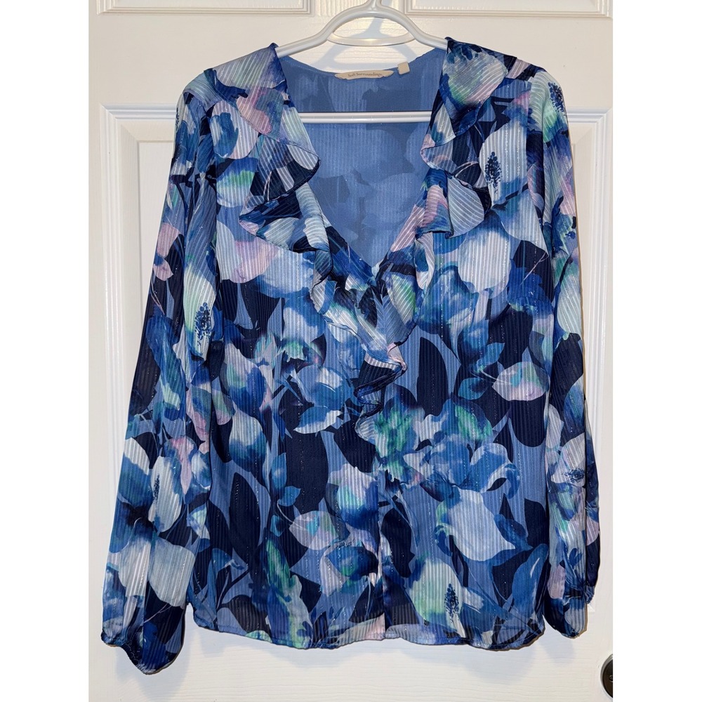 Soft Surroundings Floral Ruffle Blouse Women Size‎ L Blue Excellent Sheer Tunic